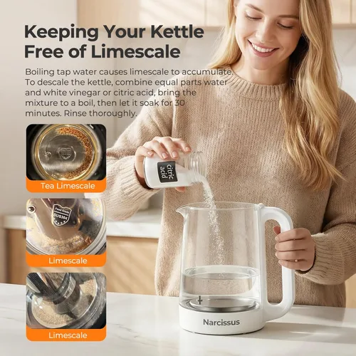 Vista 6 de Narcissus Hervidor eléctrico con control de temperatura ±5 ℉, 1.8 L de vidrio con infusor extraíble para flores y té de frutas, 1200 W de ebullición