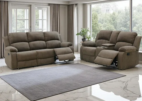Vista 8 de Juego de Muebles para Sala de Estar, Juego de Sofá Reclinable Manual, Juegos de Sofás Reclinables de Cuero Beige con Mesa Desplegable, Sofá