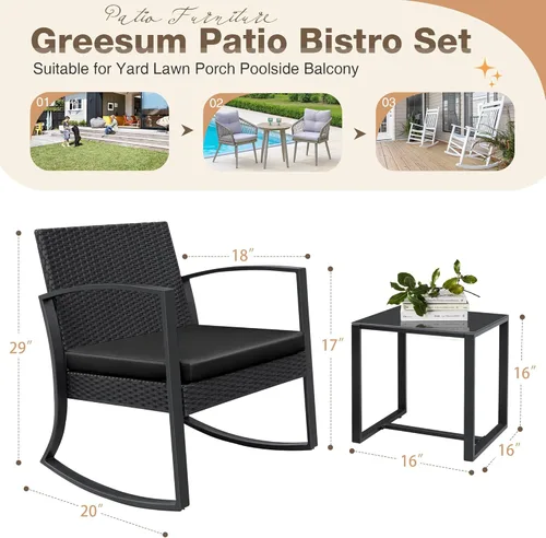 Vista 4 de Greesum Juego de muebles de exterior de 3 piezas para patio, bistró, mecedoras con mesa de centro de cristal para piscina, playa, patio, balcón