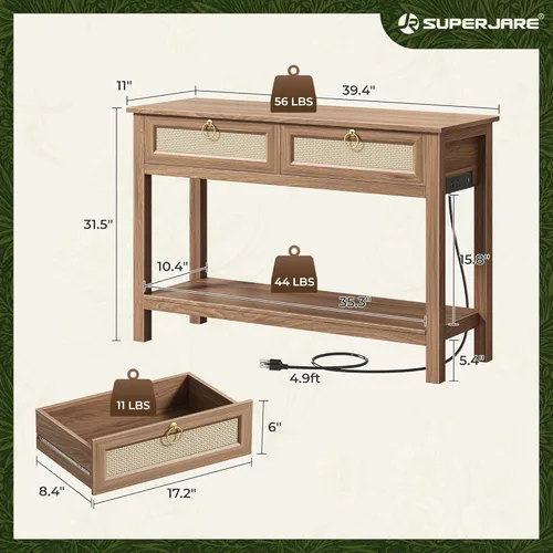 Vista 2 de SUPERJARE Mesa Consola de Sofá de Ratán con Enchufes y Puerto USB-C, Mesa de Entrada de 2 Cajones con Superficie de Ratán Sintético, 39 Pulgadas
