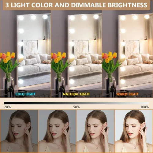 Vista 2 de Fenair Espejo de tocador grande con luces y altavoz, espejo de maquillaje iluminado Hollywood con base resistente, 18 bombillas LED regulables, 3