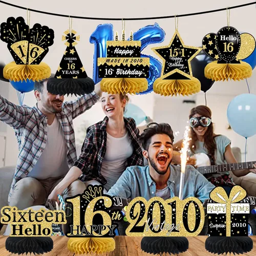 Vista 4 de 9 piezas de decoración de cumpleaños negro dorado 16 centros de mesa de panal para niños y niñas, centros de mesa de feliz cumpleaños 16