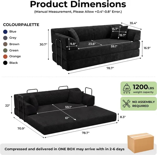 Vista 3 de Sofá cama convertible de 79 pulgadas, sofás deshuesados con respaldo alto Negro