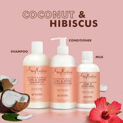Vista 3 de SheaMoisture Hidratar y definir champú, acondicionador y leche de peinado para el cuidado del cabello rizado coco e hibisco con manteca de karité