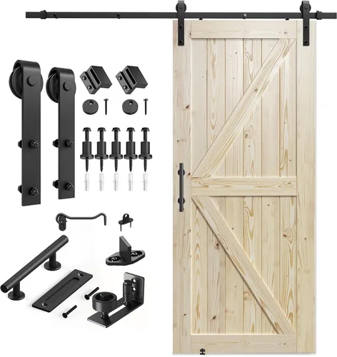 Vista 7 de SMARTSTANDARD Puerta corredera de granero de 28 x 84 pulgadas con kit de herrajes para puerta de granero de 5 pies incluido, puerta de madera
