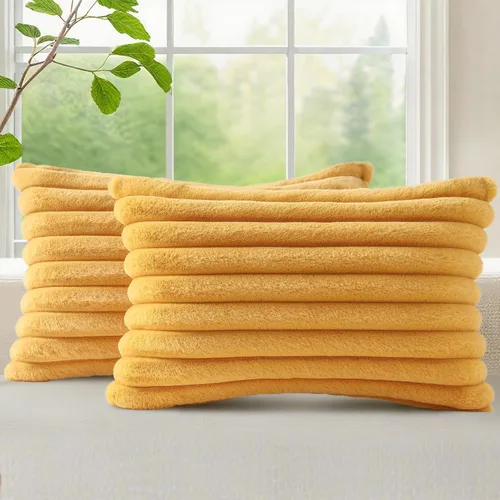 Vista 64 de decorUhome Fundas de almohada de piel sintética, juego de 2, decorativas, afelpadas, suaves, afelpadas, a rayas, parte posterior de terciopelo