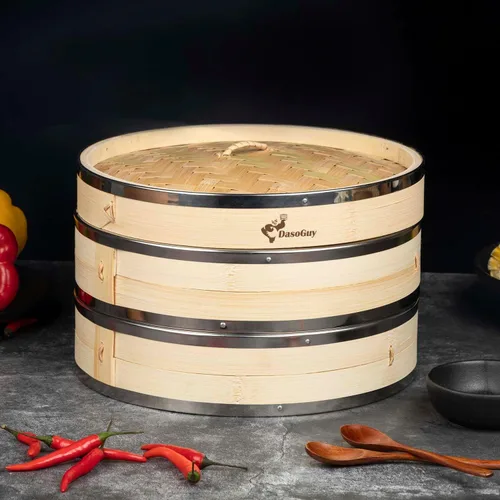 Vista 5 de Cesta para cocinar al vapor de bambú, con borde reforzado de acero inoxidable, cesta de vapor de 2 niveles de 25 cm, 50 forros, palillos, plato