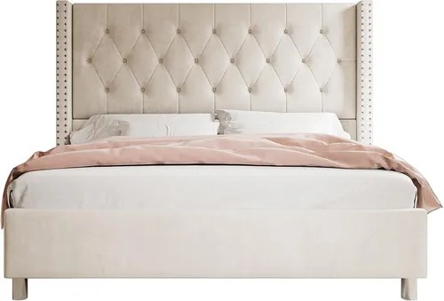 Vista 25 de Jocisland Base de cama tapizada de terciopelo tamaño King, con plataforma capitoné de perfil bajo, cabecera con alas elevadas, soporte de listones