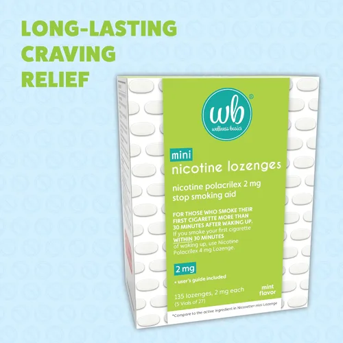 Vista 3 de Wellness Basics Mini pastilla de nicotina de 2 mg Ayuda para dejar de fumar Sabor a menta 135 unidades Paquete de 5 viales Reduce