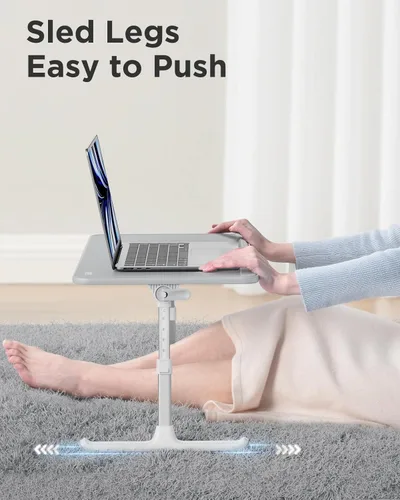 Vista 7 de SAIJI Escritorio de cuero para computadora portátil, bandeja para cama, soporte ajustable para computadora portátil, escritorio de pie ligero