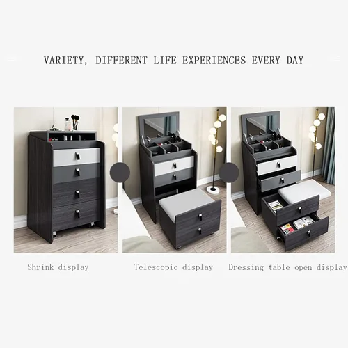 Vista 2 de ATAAY Escritorio de tocador, juego de tocadores con espejo abatible, mini mesa de tocador, escritorio de maquillaje con taburete, 2 cajones