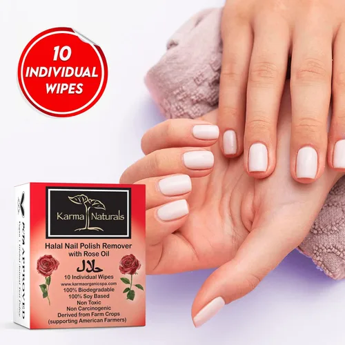 Vista 5 de Karma Halal - Toallitas removedoras de esmalte de uñas con aceite de rosa; no tóxicas, veganas, libres de crueldad, paquete de 10