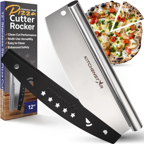KitchenStar - Cuchilla de corte de pizza de 12 pulgadas, cuchillo afilado de acero inoxidable con cubierta protectora, accesorios para horno de