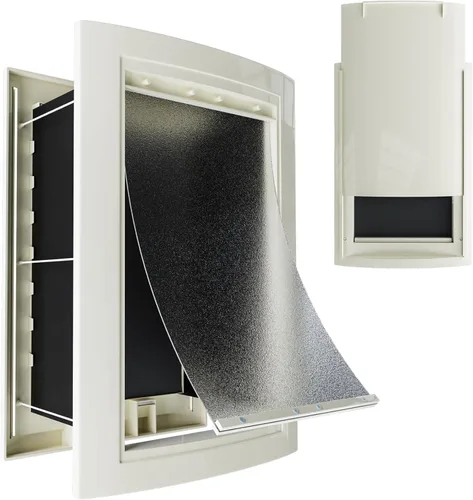 Vista 3 de mestyl Puerta para perro para pared, puerta de mascotas, puerta para perro con túnel telescópico, solapas magnéticas dobles y paneles de bloqueo