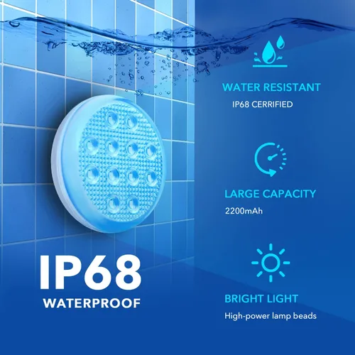 Vista 4 de Geekman Luces LED subacuáticas recargables con control remoto, IP68 impermeables 16 colores luces ambientales de piscina, alimentación USB-C