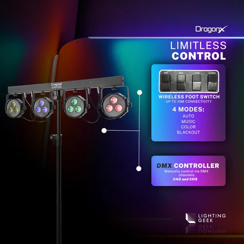 Vista 3 de DragonX 4 - Barra móvil de 4 luces LED. Paquete de iluminación LED. Sistema de iluminación de escenario/DJ. Juego de barra de luces que se activan