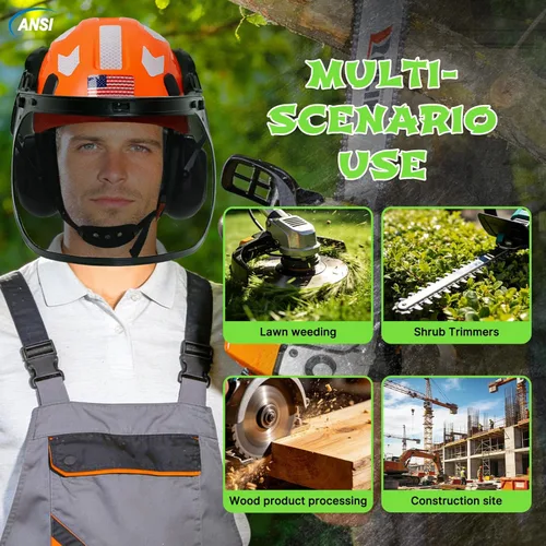 Vista 9 de Aolamegs Casco de motosierra con protector facial y orejeras, casco forestal naranja con protección auditiva y máscara de malla completa, casco