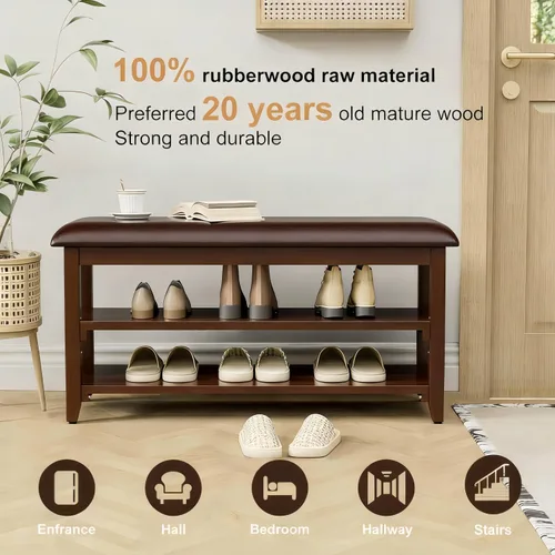 Vista 5 de Banco de zapatos con cojín de cuero, banco de entrada de madera maciza rústica con 2 estantes ajustables en altura y extraíbles para pasillo, sala