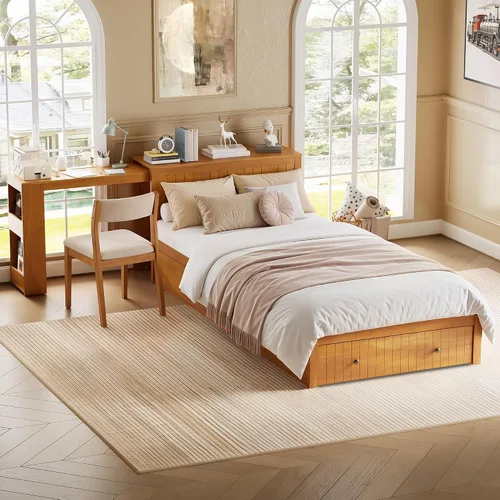 Vista 24 de VilroCaz Cama de plataforma multifunción de tamaño matrimonial con nido y cajones, plataforma de madera con cabecera de almacenamiento y enchufes