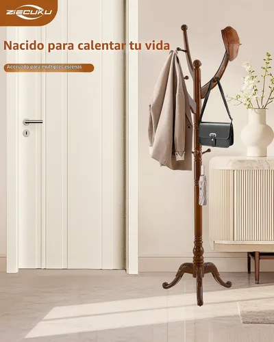 Vista 7 de Perchero de madera independiente, soporte de perchero de madera maciza con 14 ganchos, abrigo de pie vintage resistente, soporte de árbol para Base