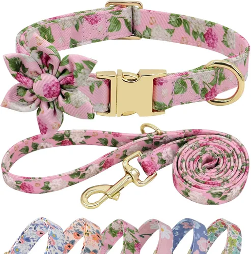 Vista 7 de Beirui Lindo juego de collar y correa para perras hembras, collar floral de perro con flor para perros pequeños, medianos y grandes, cachorros, XS