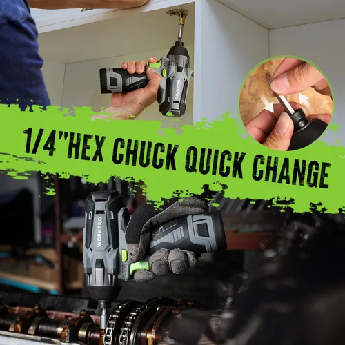 Vista 6 de WORKPRO Kit de destornillador de impacto inalámbrico, juego de taladro de impacto eléctrico hexagonal de 14 pulgadas con batería de iones de litio