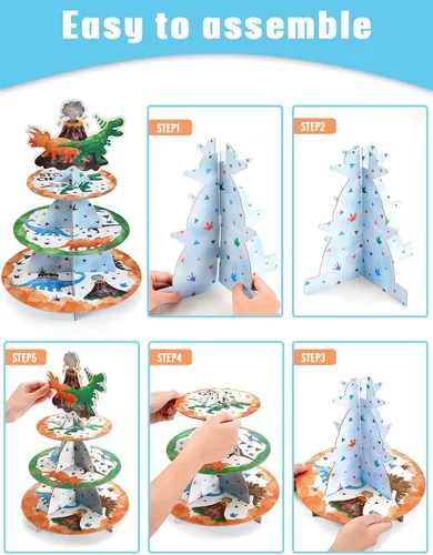 Vista 5 de WERNNSAI Soporte para cupcakes de dinosaurio de 3 niveles, decoración de fiesta de cumpleaños de dinosaurios para niños, soporte redondo de cartón