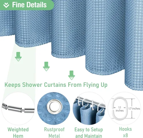 Vista 431 de Cortina de ducha de tela Dynamene verde oscuro - Cortinas de baño de tela de nido de abeja texturizadas resistentes, juego de cortinas de baño