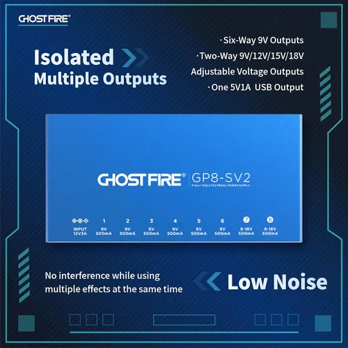 Vista 3 de Fuente de alimentación Ghost FIRE para pedal de guitarra con 8 salidas DC [VERDADERAMENTE aisladas] para pedal de efecto 9V/12V/15V/18V+5V USB