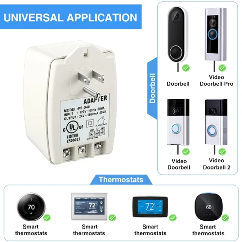 Vista 3 de Transformador de 24 voltios, transformador de CA de 40 VA con fusible PTC, compatible con timbre Ring y termostato, compatible con Nest, Ecobee