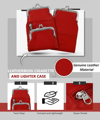 Vista 5 de Funda de cuero genuino para cigarrillos y mechero con cierre de giro de Leatherboss (Rojo)