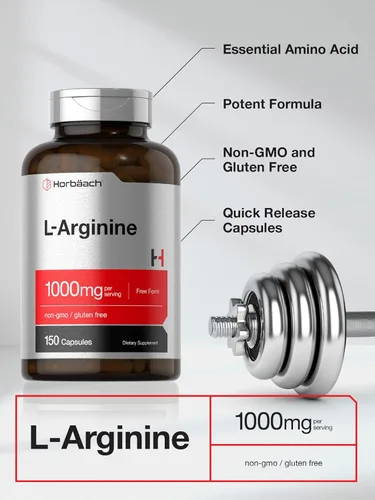 Vista 3 de Horbäach L-Arginina 1000mg 150 Cápsulas Suplemento dietético de forma libre Sin OMG y sin gluten