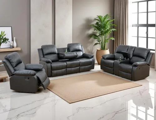 Vista 24 de Sofá reclinable manual, sofá reclinable de lujo de 3 plazas, sofá reclinable con portavasos y mesa de café, sofá de cuero sintético para sala