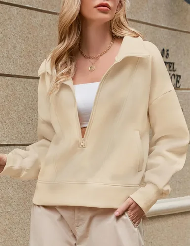 Vista 2 de Micoson Sudadera corta con media cremallera para mujer, chaqueta de forro polar de gran tamaño con bolsillos