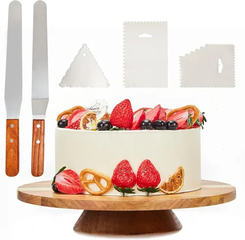 Vista 9 de Soporte giratorio para pasteles de madera de acacia de 12 pulgadas, plato giratorio para pasteles de 2 pulgadas de alto con 2 espátulas de glaseado