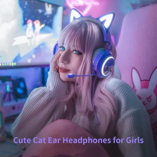 Vista 3 de EASARS Auriculares de oreja de gato auriculares USB para juegos con micrófono retráctil sonido envolvente 71 iluminación RGB auriculares con cable