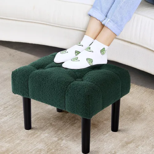Vista 25 de HOUCHICS Taburete acolchado de piel, pequeño reposapiés otomano con patas de madera, moderno reposo rectangular para sala de estar, sofá, escritorio