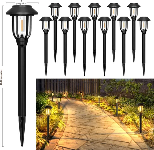Vista 2 de ILANCK Luces solares para caminos al aire libre, paquete de 12 luces solares para exteriores, impermeables, blanco cálido, encendido y apagado