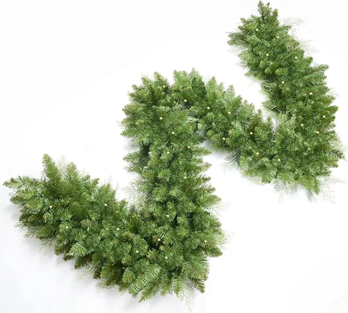 Vista 7 de Guirnalda artificial de Navidad preiluminada de 9 pies con 50 luces LED, funciona con pilas, piñas de pino, bonita bola dorada y roja, bayas