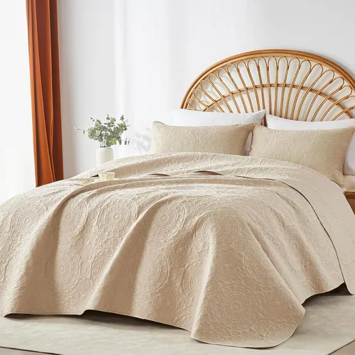 Vista 2 de WURUIBO Juego de edredón beige tamaño individual, colcha de microfibra en relieve con funda de almohada, colcha ligera transpirable fina, juego