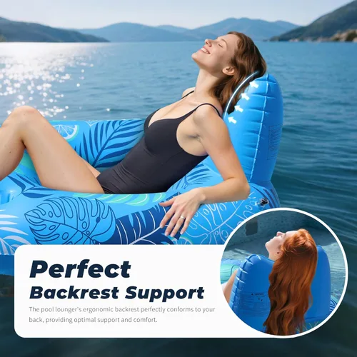 Vista 2 de JOSEN Inflatable Pool Float Adult, Pool Float Lounger Raft Floaties Water Floating Chair with Cup Holders Backrest & Footrest for Swimming Pool