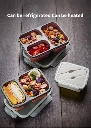 Vista 3 de Caja Bento reutilizable plegable para llevar para microondas y lavavajillas, sin BPA, no tóxica, antiadherente, color beige