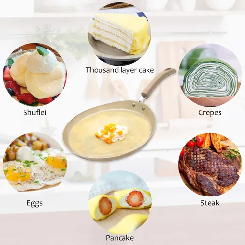 Vista 4 de Sartenes antiadherentes para crepes para panqueques, sartén de inducción para tortilla, sartén de acero al carbono, sartén plana con accesorios