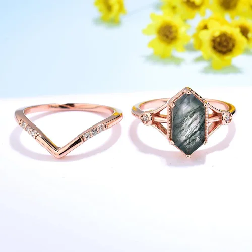 Vista 7 de Anillos de piedras preciosas de ágata musgo natural para mujer, anillos de plata esterlina 925 maciza para mujer, anillo de compromiso hexagonal