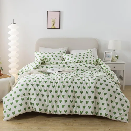 Vista 9 de Caressma - Juego de edredón tamaño individual - Juego de ropa de cama con edredón de color azul claro con bonito estampado de corazones, juego
