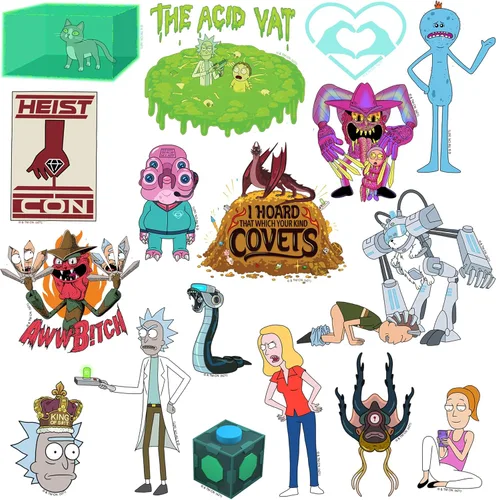 Vista 3 de Rick and Morty - Paquete variado de 50 calcomanías de vinilo troqueladas, calcomanías de dibujos animados de ciencia ficción para laptop, botella