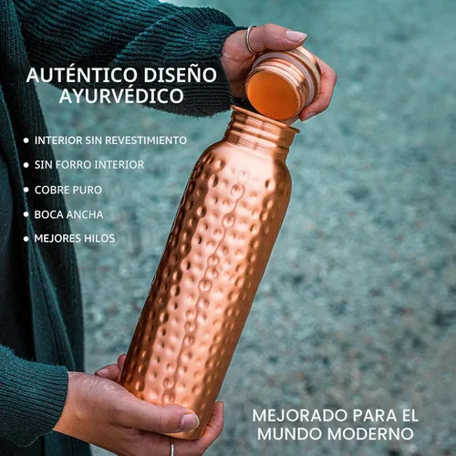 Vista 5 de Botella de agua de cobre – 34 onzas extra grande – Un recipiente ayurvédico de cobre puro martillado para beber – Bebe más agua, reduce tu ingesta