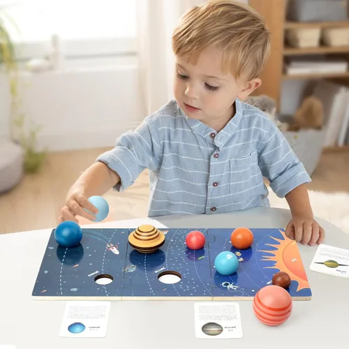 Vista 6 de Tabla de modelo de sistema solar de madera, juguetes Montessori Planetas, rompecabezas de ciencia, aprendizaje espacial STEM para niños de 4 a 8