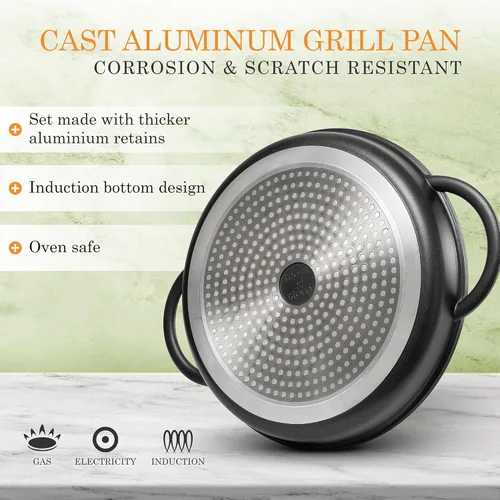 Vista 6 de Moss & Stone Sartén antiadherente de 12 pulgadas para cocinar en interiores, sartén de aluminio fundido para estufa e inducción, apta