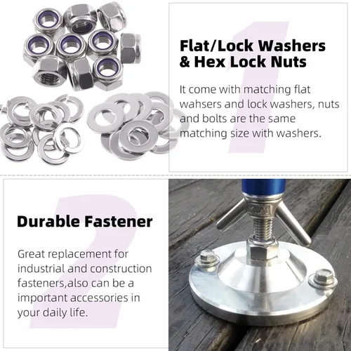 Vista 4 de Swpeet 75 piezas M10 tuercas hexagonales de bloqueo de acero inoxidable, kit surtido de arandelas planas y arandelas de bloqueo divididas para uso
